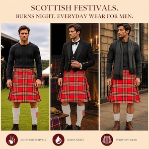 Pu&ograve; includere: Un kilt scozzese rosso con un design plissettato tradizionale e fibbie laterali. Il kilt &egrave; mostrato in tre abbinamenti: con un maglione nero a trecce, una giacca da smoking nera con papillon e un maglione grigio scuro con una sciarpa.