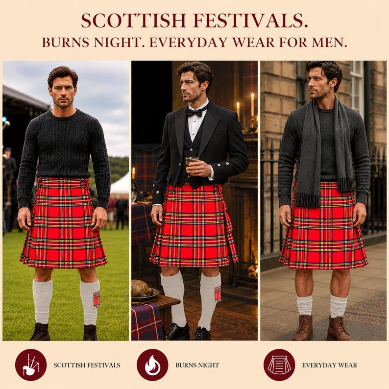 Pu&ograve; includere: Un kilt scozzese rosso con un design plissettato tradizionale e fibbie laterali. Il kilt &egrave; mostrato in tre abbinamenti: con un maglione nero a trecce, una giacca da smoking nera con papillon e un maglione grigio scuro con una sciarpa.
