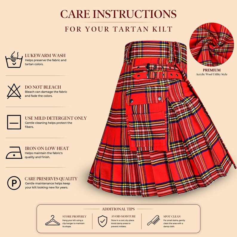 Pu&ograve; includere: Un kilt a motivo tartan rosso con design plissettato, una tasca cargo laterale e due cinturini con fibbia regolabili in vita. L'immagine include il testo CARE INSTRUCTIONS FOR YOUR TARTAN KILT, che descrive le linee guida per la manutenzione.