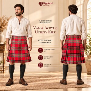 Pu&ograve; includere: Un kilt utilitario in tartan Royal Stewart rosso realizzato in tessuto acrilico, dotato di doppie tasche cargo, design plissettato e cinghie laterali regolabili. Il kilt &egrave; mostrato sia frontalmente che posteriormente, con il testo Highland Redstone, Valor Acrylic Utility Kilt e Royal Stewart Tartan Kilt.