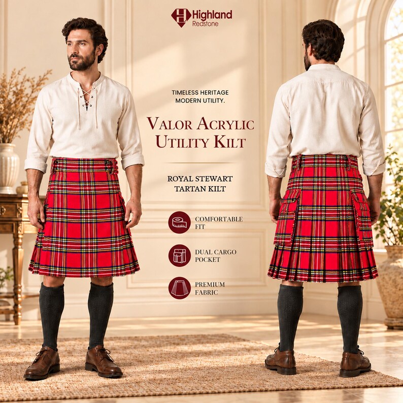 Pu&ograve; includere: Un kilt utilitario in tartan Royal Stewart rosso realizzato in tessuto acrilico, dotato di doppie tasche cargo, design plissettato e cinghie laterali regolabili. Il kilt &egrave; mostrato sia frontalmente che posteriormente, con il testo Highland Redstone, Valor Acrylic Utility Kilt e Royal Stewart Tartan Kilt.