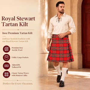 Pu&ograve; includere: Un kilt in tartan Royal Stewart con un motivo a quadri rosso, bianco, giallo e blu. Il kilt presenta tasche cargo laterali, una vita regolabile ed &egrave; realizzato in lana acrilica premium da 454g con una classica trama tessuta.