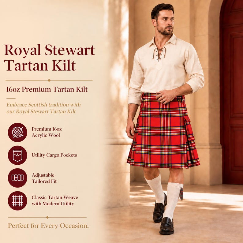 Pu&ograve; includere: Un kilt in tartan Royal Stewart con un motivo a quadri rosso, bianco, giallo e blu. Il kilt presenta tasche cargo laterali, una vita regolabile ed &egrave; realizzato in lana acrilica premium da 454g con una classica trama tessuta.