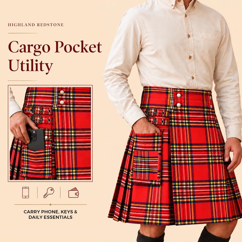 Pu&ograve; includere: Un kilt scozzese rosso con tasca cargo, due fibbie laterali nere e bottoni color argento. Il testo riporta HIGHLAND REDSTONE, Cargo Pocket Utility e CARRY PHONE, KEYS & DAILY ESSENTIALS, con icone raffiguranti un telefono, una chiave e un portafoglio.