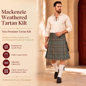 May include: A Mackenzie Weathered Tartan kilt featuring a 16oz premium acrylic wool construction, utility cargo pockets, and an adjustable tailored fit. The kilt displays a classic tartan weave with muted green, blue, and red lines.