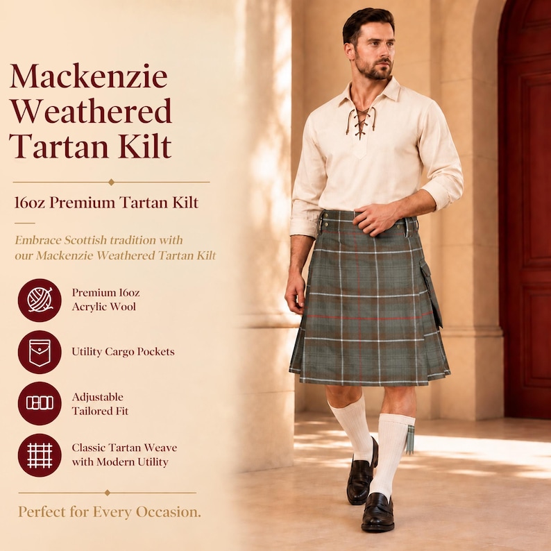 May include: A Mackenzie Weathered Tartan kilt featuring a 16oz premium acrylic wool construction, utility cargo pockets, and an adjustable tailored fit. The kilt displays a classic tartan weave with muted green, blue, and red lines.