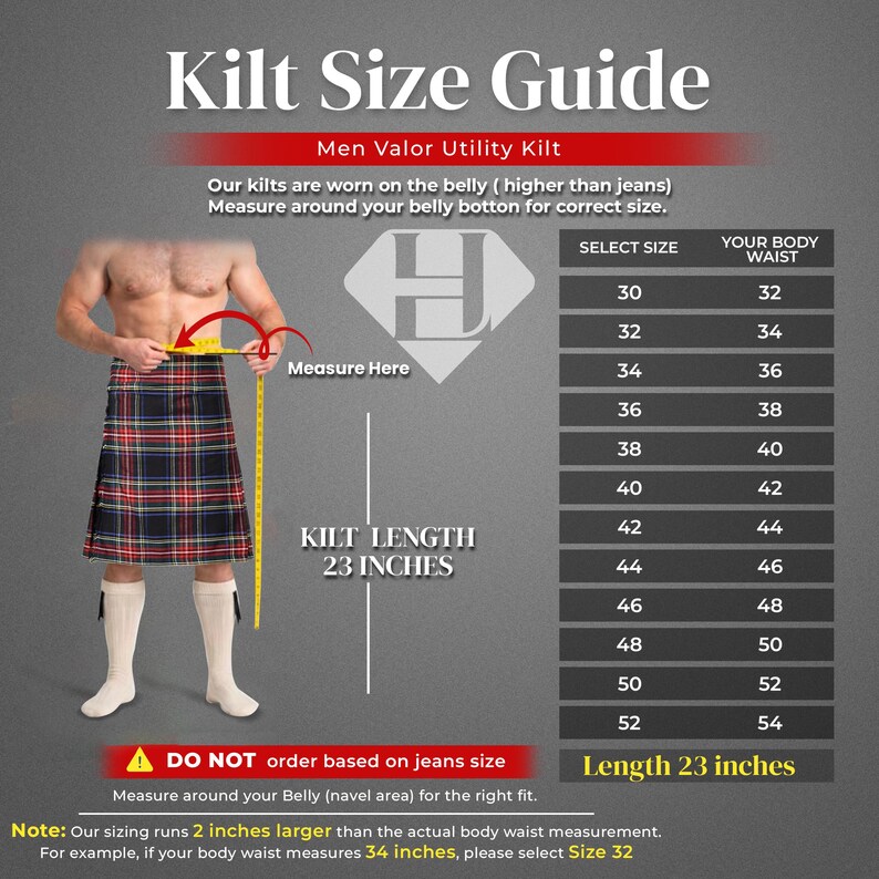 Pu&ograve; includere: Una guida alle taglie per kilt utilitario Valor. L'immagine mostra un kilt scozzese, un metro a nastro giallo e una tabella che confronta le taglie da 30 a 52 con le misure della vita da 32 a 54 pollici. Il testo specifica una lunghezza di 23 pollici.