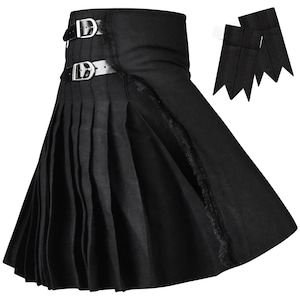 May include: Black kilt with pleated front, leather belt straps, and buckle closures. The kilt has a fringed edge and comes with two matching black kilt pins.