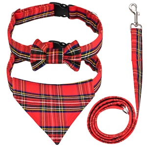 Dog Collar,Leash Set Scottish Tartan Plaid Dog Bow Tie and Neckerchief Dog Leash Tangle Free, Adjustable Collars,Traditional Style Dog Leash