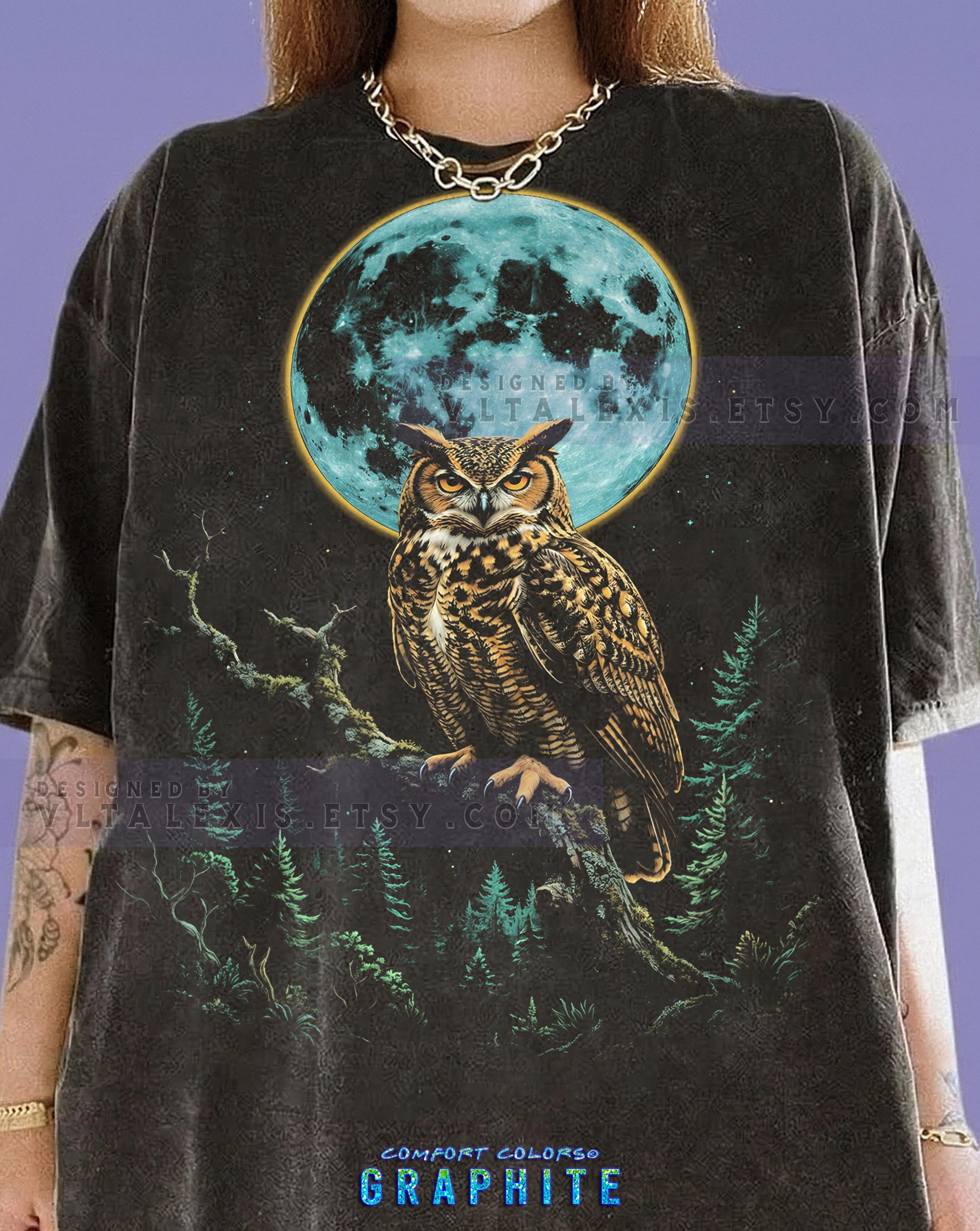 Owl Great Horned Owl Full Moon Pine Forest Wildlife Nature Bird Lover Comfort Colors® Tshirt, No