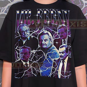 May include: Black t-shirt featuring a graphic of a man with the text "MR. FEENY" in a stylized font. The graphic includes multiple portraits of the same man, with lightning bolt effects.