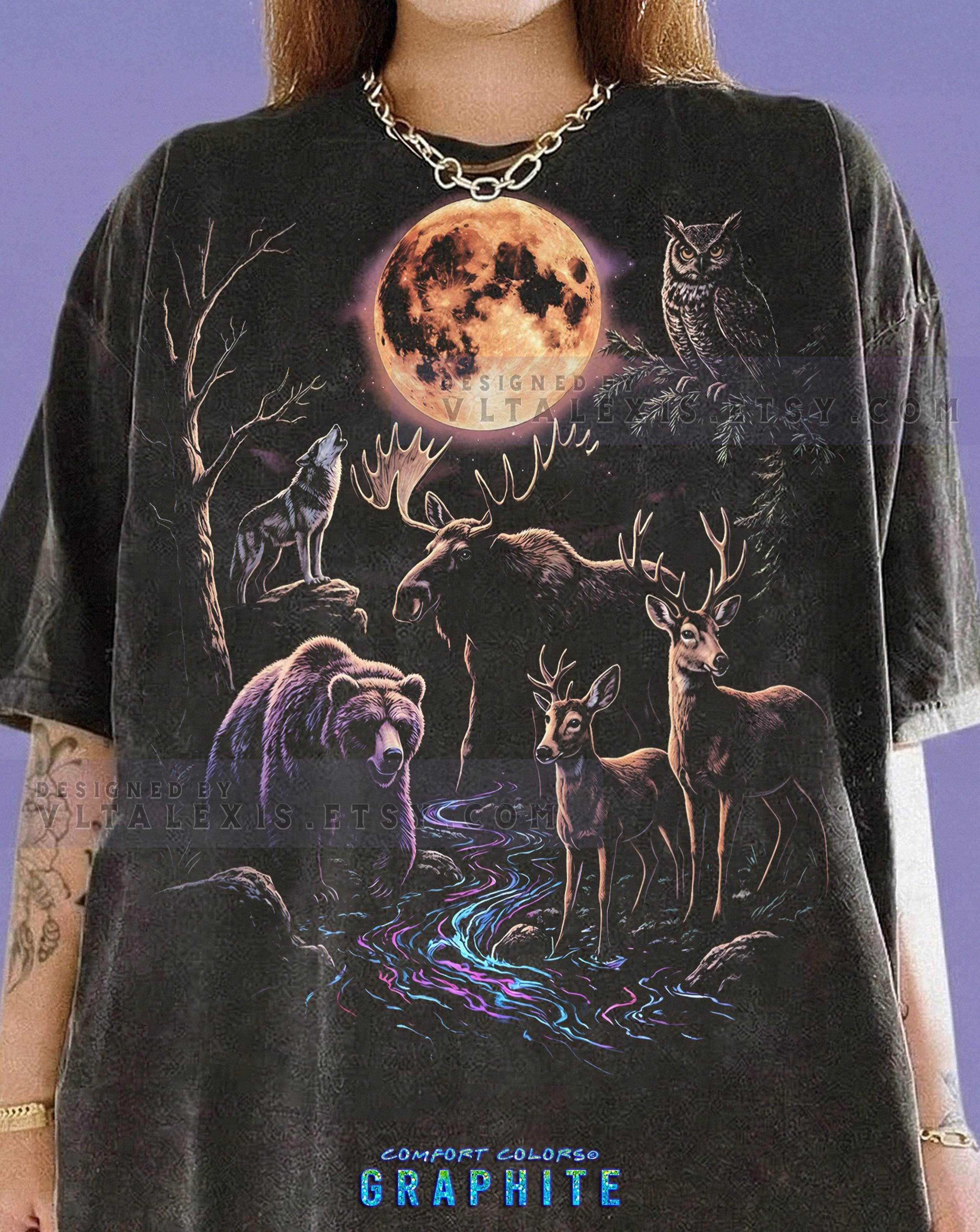 Bear Moose Deer Wolf Owl Comfort Colors&reg; Tshirt, Wildlife Nature Animal Lover Full Moon Forest R