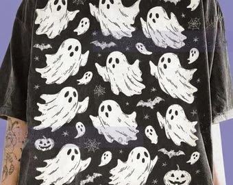 Geister Halloween gruselige Saison niedlich Geister Komfort Colors® Tshirt, Fledermäuse Kürbisse Spinnennetze Retro gruselige Vintage Halloween T-Shirts,