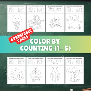 以下が含まれることがあります： 8枚の印刷可能なぬりえワークシート。各ワークシートには、アイスクリーム、ドラゴン、カメ、クマなど、さまざまな白黒のイラストが掲載されています。ワークシートは1から5まで数えるように設計されています。