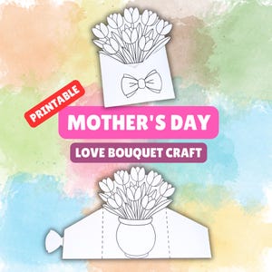Tulip Printable Foldable Mother&#39;s Day Bouquet Craft for Kids Coloring Card Preschool Handmade Card