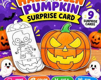 以下が含まれることがあります： ハロウィンのカボチャのサプライズカードセット。白黒のゾンビのイラスト、色付きのカボチャ、2つの幽霊のグラフィックが特徴です。テキストには「Halloween Pumpkin Surprise Card」「9 Surprise Cards」「Print at Home」「Color Them」「Cut & Assemble」「Fun Surprise!」と書かれています。