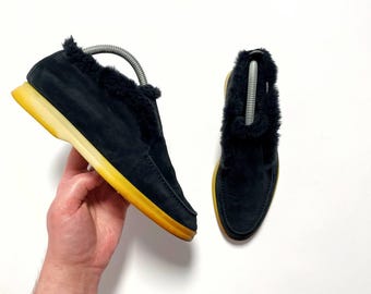 Vintage Loro Piana Open Walk Moccasin Boots Navy Suede Fur Lined Made in Italy EU 37