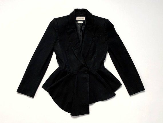Alexander McQueen, Vintage Alexander McQueen Black Wool Peplum Jacket Double Breasted Structured Blazer IT 36 XS