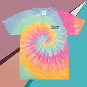 May include: A tie-dye t-shirt with a spiral pattern in shades of blue, green, pink, orange, and yellow. The shirt has short sleeves and a crew neck. The word "Levito" is printed on the front.