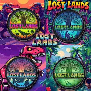 May include: Four colorful circular designs with the text "LOST LANDS" and a tree graphic. Each design features a different dinosaur illustration and background, including a T-Rex and palm trees. The designs are set against a vibrant, cartoon-style background.