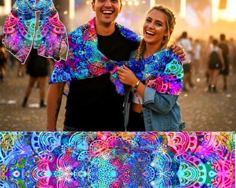 Mandala Rave Pashmina Festival Scarf, Music Festival Essential Accessory, Boho Psychedelic Colorful Knit Pash