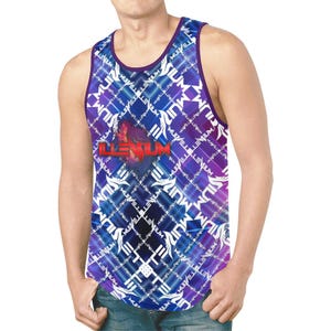 May include: A sleeveless tank top with a white, blue, and purple geometric pattern. The pattern features the word "ILLENIUM" in red and white letters.