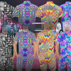 Pode incluir: Uma coleção de camisas de manga curta e calções a condizer com padrões psicodélicos vibrantes. Os designs incluem formas geométricas, cores rodopiantes e texto que diz "I'M ON A SIDEQUEST" e "ONLY POSITIVE".