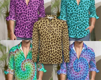 Camicia da rave con bottoni e stampa animalier, camicia da festival con colletto e manica lunga tie-dye con stampa leopardata colorata, camicia da festival da uomo per ravewear