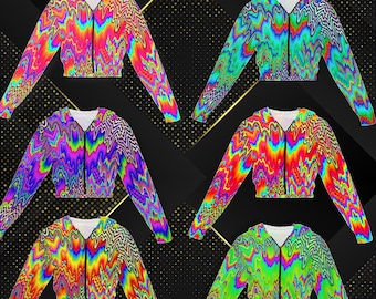 Rainbow Ravewear Cropped Zip-up Hoodie, Psychedelic Festival Dancewear Outerwear for Coachella, Face Melt