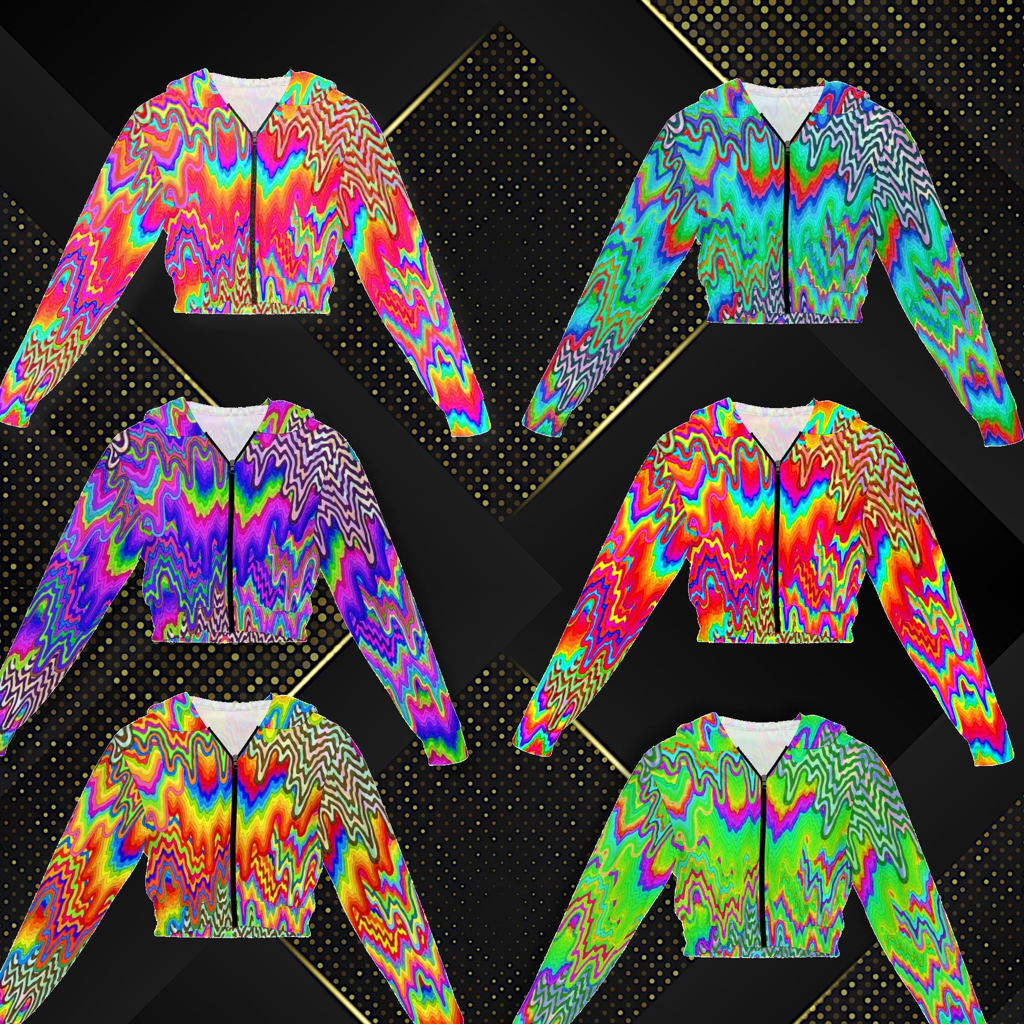 Rainbow Ravewear Cropped Zip-up Hoodie, Psychedelic Festival Dancewear Outerwear for Coachella, Face Melt