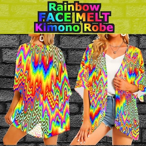 Face Melt Kimono, Women&#39;s Psychedelic Rave Robe, Chiffon Cover Up, Festival Outerwear, Rainbow Swimwear Coverup