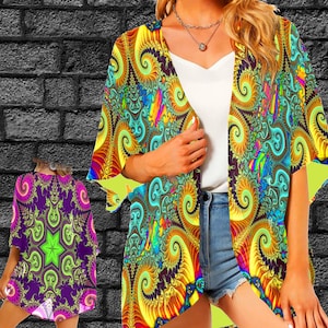 Fractals Kimono Robe, Psychedelic Rave Outfit for Women, Chiffon Cover Up, Festival Outerwear, Matching Couples Rave Outfits