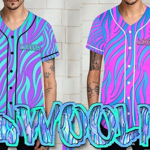 May include: Two baseball jerseys with a vibrant, abstract design in shades of purple, blue, and teal. The jerseys feature a button-up front and short sleeves. The word "AHWOOL" is displayed in a graffiti-style font across the bottom.