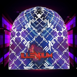 May include: A beanie hat with a geometric pattern in shades of blue and purple, featuring the word "ILLESIVM" in red. The design includes white text and a stylized graphic, set against a dark, abstract background.