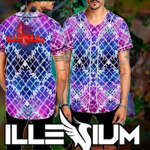 May include: Baseball jersey with a vibrant geometric pattern in shades of purple and blue. The jersey features the word "ILLENIUM" in red on the back and the brand logo at the bottom. The short-sleeved shirt has a button-up front.