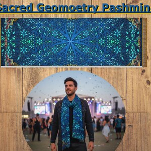 May include: A blue pashmina with a geometric floral design and fringe. The pashmina is displayed above a person wearing the same scarf. The text "Sacred Geometry Pashmina" is at the top.