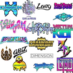 Può includere: Una collezione di loghi e design di testo colorati, tra cui "Excision", "Levity" e "Zeds Dead". I loghi presentano vari font e stili, con colori vivaci come blu, rosa e verde. L'immagine mostra una varietà di marchi legati alla musica.