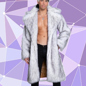 White Faux Fur Overcoat, Big Collar, Rave Outerwear, Festival Jacket, Heavy Pimp Coat, Wolf Fur Pelt, for Men, Women, Unisex