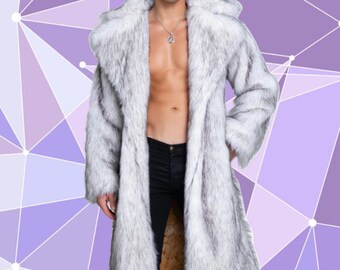 Weißer Kunstpelz Mantel, großer Kragen, Rave Oberbekleidung, Festival Jacke, schwerer Pimp Mantel, Wolfspelzpelz, für Männer, Frauen, Unisex
