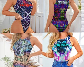 Body Rave de Artistas de EDM, Atuendo Rave para Mujer, 6 Estilos, Mono de Fiesta de Manga Corta de una Pieza, Mono Elástico sin Mangas, Logotipos de DJ