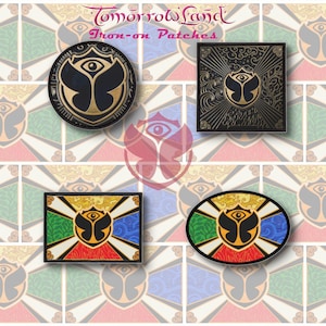 May include: Four iron-on patches with the Tomorrowland logo. The patches are in various shapes: round, square, rectangular, and oval. The patches feature a black and gold color scheme with the Tomorrowland logo and the text "Tomorrowland Iron-on Patches".