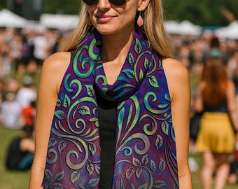 Cosmic Neon Pashmina Scarf with Holographic Sacred Geometry Detail