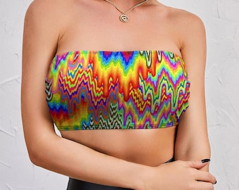 Face Melt Tube Top Chest Wrap, Psychedelic Rainbow Rave Top for Women, Matching Rave Outfit Set