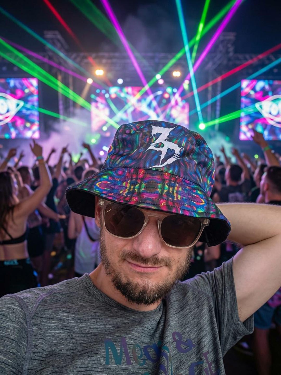 Zeds Dead Bucket Hat, Reversible Holographic Print Psychedelic
