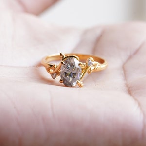 1.50 Carat Vintage Grey Moissanite Ring/ Oval Cut Grey Moissanite Ring/ Cluster Diamond Engagement Ring/ Yellow Gold Wedding Ring For Women