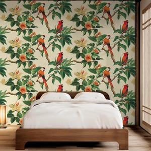Tropical Parrot Wallpaper - Vibrant Bird and Floral Wall Art | Peel and Stick Wallpaper | Removable Wallpaper | Canvas Wallpaper