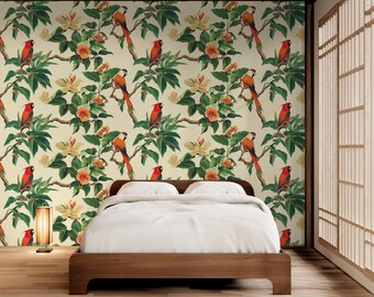 Carta da parati con pappagallo tropicale - Arte murale con uccelli e fiori vivaci / Carta da parati staccabile e adesiva / Carta da parati rimovibile / Carta da parati in tela