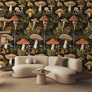 Papier peint champignon forêt sombre | Papier peint autocollant | Papier peint amovible | Papier peint en toile
