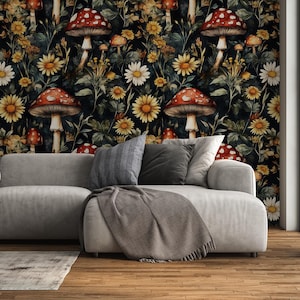 Vintage botanische Pilz-Tapete - Retro-Blumenwandkunst | Tapete abziehen und aufkleben | Abnehmbare Tapete | Tapete auf Leinwand