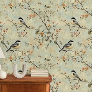 Vintage Vogel- und Blumentapete | Tapete abziehen und aufkleben | Abnehmbare Tapete | Tapete auf Leinwand